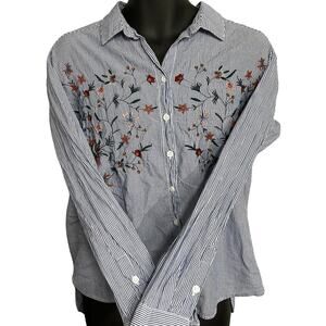 Beach Lunch Lounge Women M Button Up Shirt Floral Striped Long Sleeve Blue